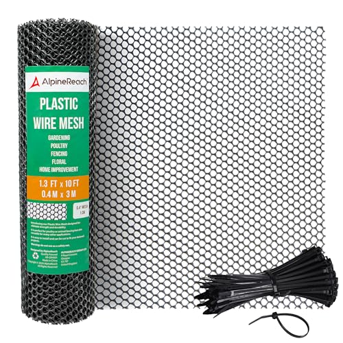AlpineReach Plastic Chicken Wire Fencing Mesh 1.3ft x 10ft Roll with Zip Ties - Ideal for Poultry, Dogs, Rabbit Barrier & Gardening, Durable UV Resistant, Versatile Rigid Fence, Black (15.7" x 120") - size: 1.3ft x 10ft