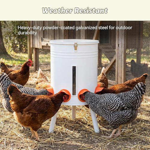 KOL 50 LB Chicken Feeder & 3 Gallon Chicken Waterer Set, All-Metal No-Waste Poultry Feeder & Automatic Gravity Waterer with 8 Ports & 8 Cups Chicken Coop Accessories