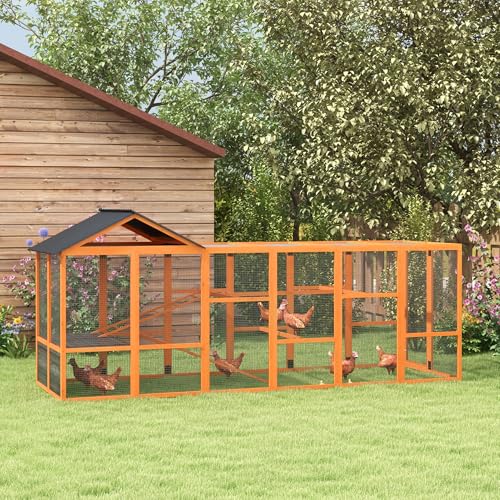 PawHut Wooden Chicken Coop Run for 6-10 Chickens 141.75" x 48" x 61" Orange | Hen House, Poultry Cage Add-On, Storage, Perches - color: Orange