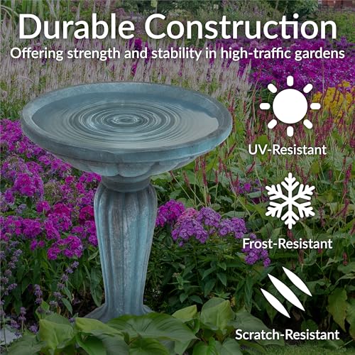 Sunnydaze Grecian Concrete Bird Bath for Outside, 20” H, Patina Green | ½ Gal Water Capacity, Glass Fiber Reinforced Concrete, 2-Piece Stone Birdbath, Easy Assembly, Cement Bird Bath for Outdoors - color: Patina Green