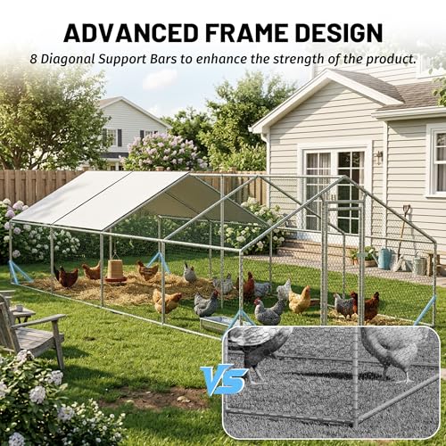 Metal Chicken Coop 26x10x6.56ft Extra Large Walk-in Poultry Cage for 20-40 Chickens Chicken Run Hen Rabbit Duck House with Waterproof Cover for Outdoor Farm Use - size: 312.0"L x 120.0"W x 78.7"H
