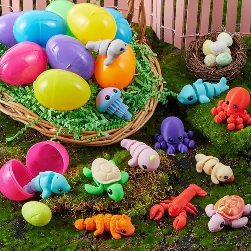 JOYIN 12Pcs Prefilled Easter Eggs with Mini Sea Animals, Articulated Toys, 3D Printed Toys, Basket Stuffers for Boys & Girls, Party Favors, Easter Egg Hunt, Classroom Supplies(Age 8+) - style: Cute