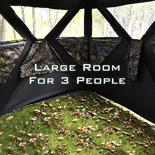 Tangkula 3 Person Pop up Ground Blind, Portable Hunting Blind with Mesh Windows, Carrying Bag & Ground Stakes, Camouflage Hunting Tent with Hub System, Camo Deer Blinds for Hunting - style: Triangular window