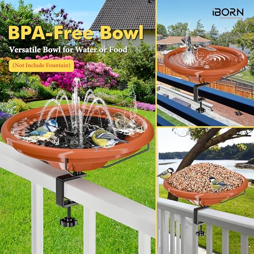 iBorn Bird Bath,Deck Mounted Bird Baths 12inch,Birdbath for Outside with Clamp 3.2inch,BPA-Free Bowl,Chew-Proof,Fully Detachable Design,Easy Clean & Refill,Terracotta,1 Pack（Not Include Fountain） - style: Deck Mounted Bird Bath Terracotta