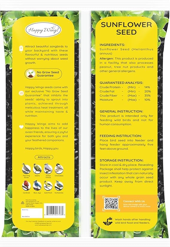 Happy Wings 10 LB Black Oil Sunflower Seeds Bird Food, No Waste Bird Seed | High in Oil & Protein, High Fat & Energy Content, USDA & BRC-GS Approved, Finches, Sparrows, Chickadees, Cardinals, No Mess - size: 5 Pound (Pack of 2)