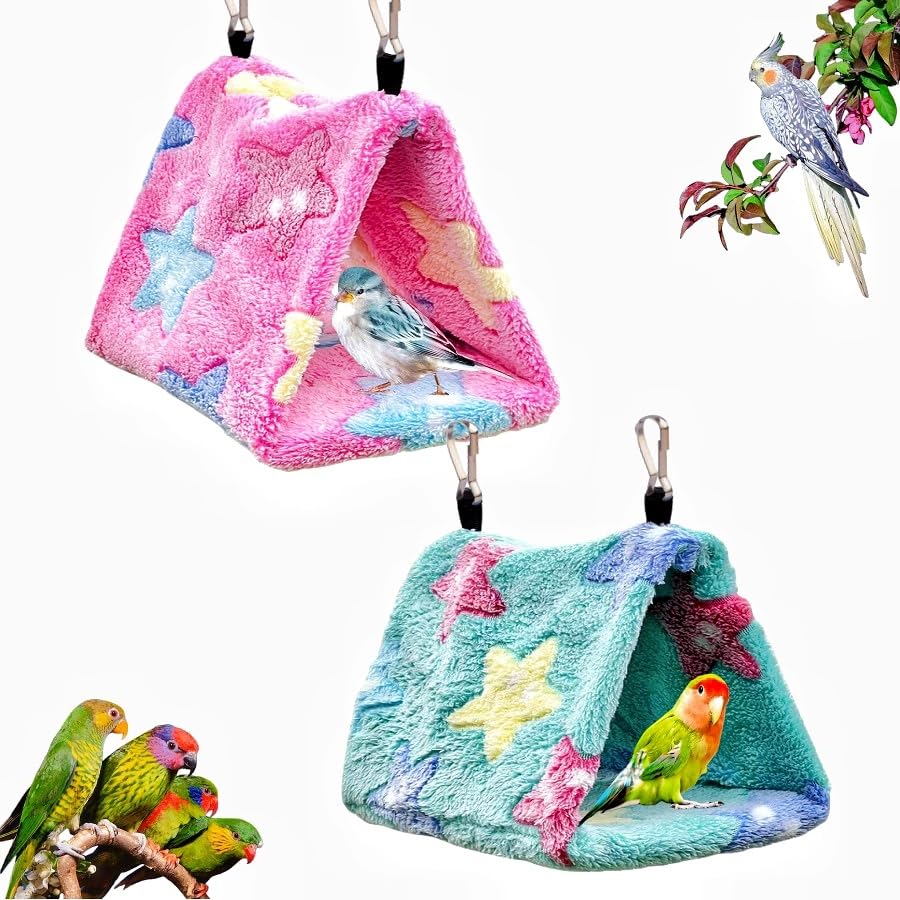 2 Pack Warm Bird Nest Plush Snuggle Bird Hammock Hanging Bird Cave Parrot Sleeping Bed Shed Hut Hanging Tent for Budgies Finch Parakeet Cockatiel Cockatoo Lovebird-Star Pattern (Pink&Green) - color: Pink&Green(Star)