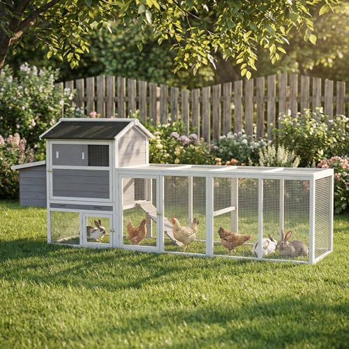 113inch Chicken Coop, Large Wooden Chicken Coop with Nesting Boxes & Run Cage for 3-6 Chickens, Outdoor Hen House Poultry Hutch Rabbit Cage with No-Slip Ramp & Pull-Out Tray for Backyard Farm (Gray) - color: Gray