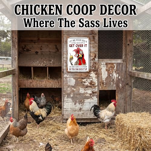 Smilelife Funny Chicken Gifts Chicken Let Me Pour You A Tall Glass of Get Over It Tin Sign for Home Farm Chicken Coop Farmhouse Kicthen Garden Decor 8 X 12 Inch (3188) - color: Light White