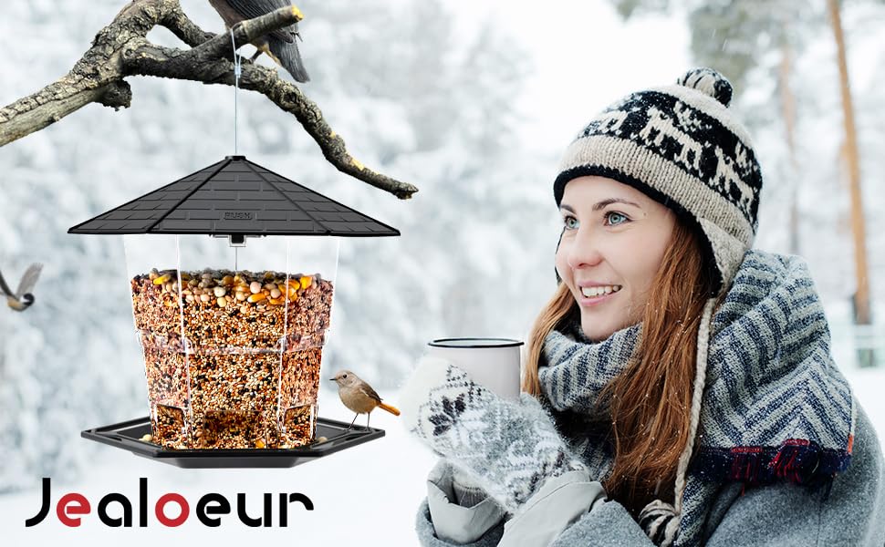 Jealoeur Bird Feeders for Outdoors Hanging Bird Feeder Wild Birds Seed, Black - color: Black