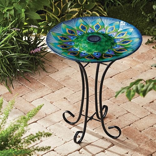 Teamson Home 17.8 in. Round Fusion Glass Birdbath, Multicolored | Peacock Design, Solar-Powered Light, Foldable Metal Stand, Ground Hook - color: Green Peacock, style: Solar