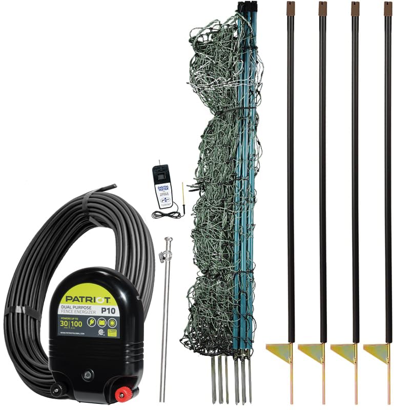 Premier 1 PoultryNet® Plus, Plug-in Starter Kit for Chickens – 48"H x 100'L | Green/black. Plug-in energizer & cable, support posts & tester included. Double spike, posts every 6.8 ft to reduce sag. - color: Green/Black