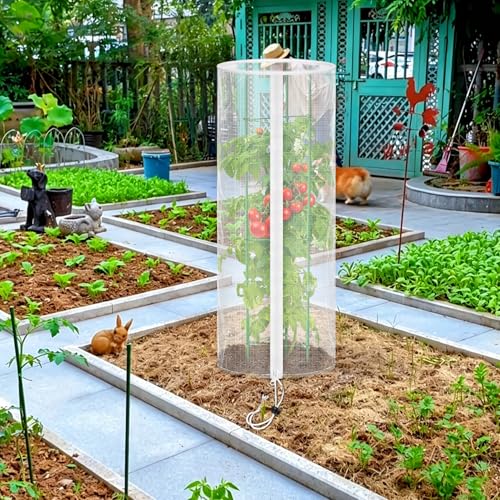 2PCS Garden Netting Plant Cover for Round Tomato Cage 59"x17" | Insect Bird Barrier, With Zipper and Drawstring, Tomato Planter Trellis Netting, For Vegetable Fruit Flower Protector