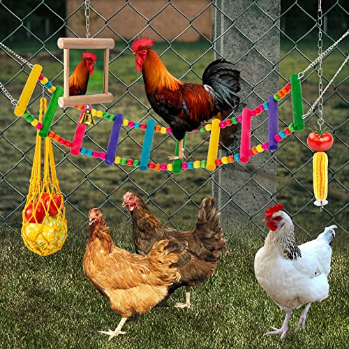 9PCS Chicken Toys for Coop Accessories - Chicken Xylophone Toy, Chicken Mirror, Chicken Ladder Bridge, Coop Swing, Vegetable Hanging Chicken Feeder, Chewing Foraging Toys, Gifts for Hens - size: 9pcs