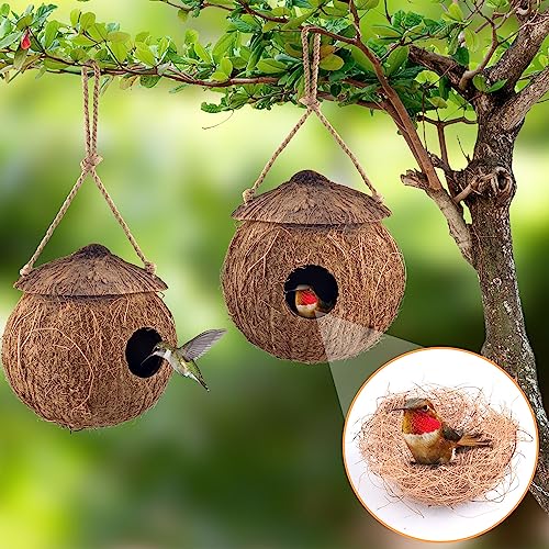 KATUMO Hummingbird Houses, Natural Coconut Bird Houses for Outside Hanging Hummingbird Swinging Nest, with Coconut Fiber Bedding for Nesting Window Garden Outdoor Home, 3Pcs