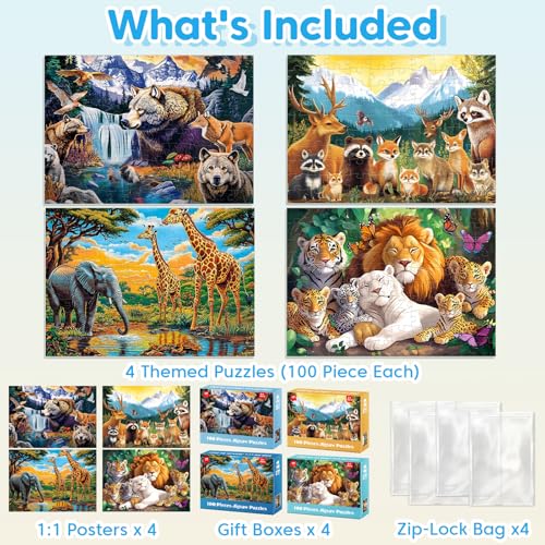 Jeacirio Kids Puzzles Ages 5-8 - Wild Animals Puzzles 100 Piece Jigsaw Puzzles for Kids Ages 4-6 Toddler Puzzle, World of Animals Collection Puzzles Gift Educational Toys for Boys and Girls 4-Pack - style: World of Animals