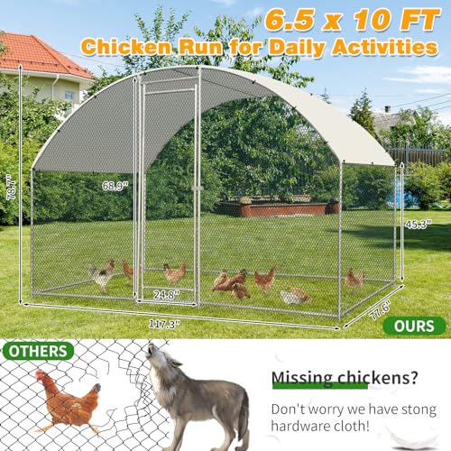 Outvita 6.5 x 10 FT Large Metal Chicken Coop Walk-in Poultry Cage | Waterproof Anti-UV Round Arch Cover and Galvanized Mesh Support Ducks, Rabbits, Hens, Yard, Backyard or Farm Use - size: 78.0"L x 120.0"W x 78.0"H