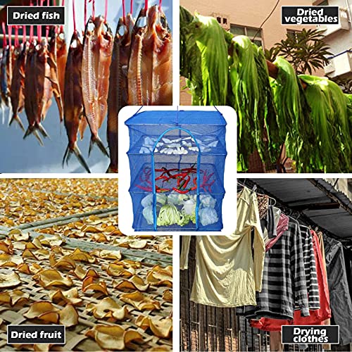 Drying Rack 4 Layers Folding Mesh, Foldable Nylon Netting, Hanging Drying Net, for Shrimp, Fish, Fruit, Vegetables, Herb, with Zipper Opening - Blue (25.59X13.78X13.78 in) - size: 4 Layers