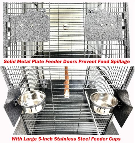 Extra Large Elegant and Durable Wrought Iron Climbing Ladder Perch Stand Play Top Ground Bird Parrot Metal Cage Around Seed Guard Storage Shelf with Heavy Duty Lockable Rolling Wheels - size: 32" x 23" x 69"H