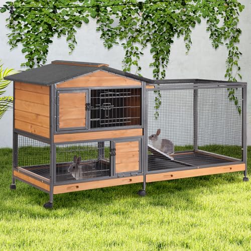 GUTINNEEN 2-Story Rabbit Hutch with Chew-Proof Full Metal Frame for Indoor/Outdoor - 62" Bunny Cage with 6 Locking Casters & 2 Pull-Out Trays for Rabbits, Guinea Pigs, Small Pets (Brown) - color: Brown & Black
