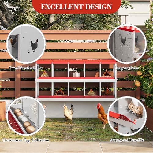 Garvee 10-Compartment Metal Chicken Nesting Box, Rustproof Galvanized Steel with Ventilated Holes, Removable Trays & Sturdy Bracket Legs, Easy Egg Collection - Red - color: Red, size: 10 Compartments