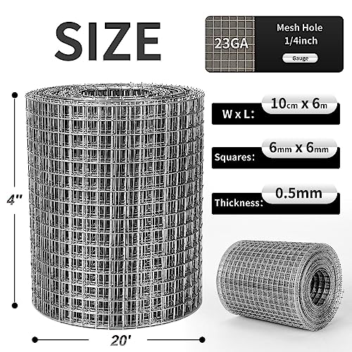 Hardware Cloth 4'' x 20' 1/4 in Galvanized Wire Mesh Roll (23 GA) Chicken Wire Fence Roll for Chicken Pen/coop Fences, Screen mesh, Rabbit/Snake Fences, Poultry enclosures, Handicraft Making, etc. - size: 4In x 20Ft
