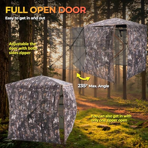 Portable Hunting Blind 360° Degree See Through with Carrying Bag, 2-3 Person Pop Up Ground Blinds with Silent Zipper Door & Sliding Windows, Resilience Tent for Deer & Turkey Hunting - color: Dark Woodland Camouflage