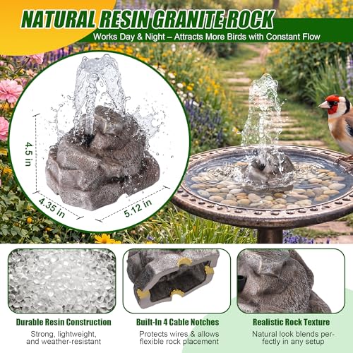 All Weather Electric Bird Bath Fountain, 8W Water Pump Resin Granite Rock | 2 Nozzles and 3 Adjustable Flow Modes, IPX8 Waterproof Outdoor Fountain Pump for Bird, Birdbath, Fish Tank, Ponds
