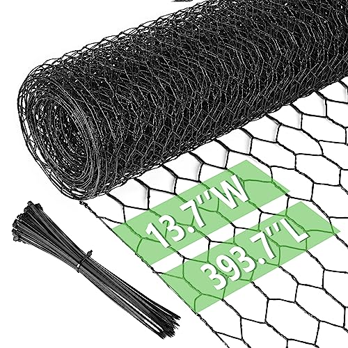 Chicken Wire 13.7 in x 393.7 in Poultry Wire Netting Hexagonal Galvanized Mesh Garden Fence Barrier for Pet Rabbit Chicken Fencing with 100 Pcs Cable Zip Ties(PVC-Coated) - color: Black, size: 13.7"x393.7"+100Ties