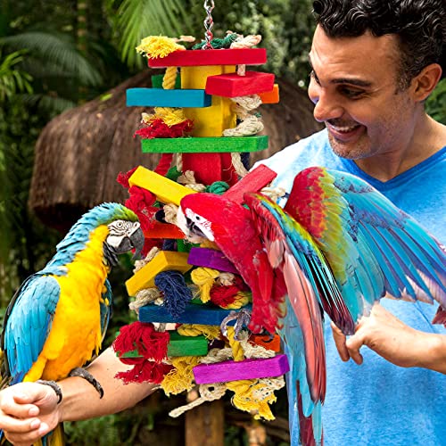 Extra Large Natural Wood Bird Toys for Macaws, African Grey, Amazon Parrots | MEWTOGO, Fun to Climb on, to Swing on, to Chew on, to Unravel, to Preen, Brightly Colored, Appealing to Birds, Bird Gifts - style: Long