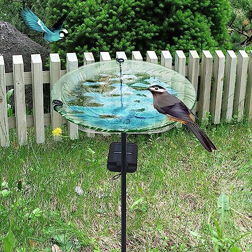 Bird Bath for Outdoors Solar Powered Glass Bird Bath Bowl with Metal Stake for Yard Lawn Garden Decorations, Transparent