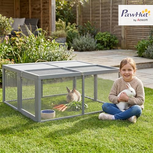 PawHut Rabbit Hutch Outside Bunny Hutch 2-3 Rabbits Openable Top Gray | Wooden Bunny Cage, Small Animals, Guinea Pig Cage, Small Chicken Coop, Garden Use