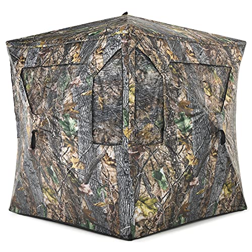 Tangkula 3 Person Pop up Ground Blind, Portable Hunting Blind with Mesh Windows, Carrying Bag & Ground Stakes, Camouflage Hunting Tent with Hub System, Camo Deer Blinds for Hunting - style: Trapezoidal window