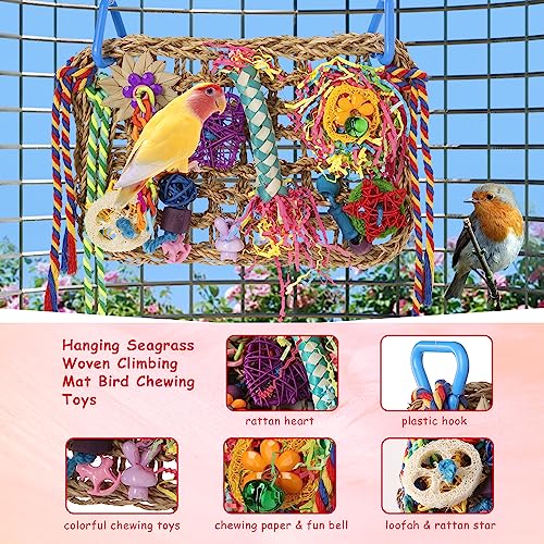 Bird Toys, Bird Foraging Shredding Toys for Parrot Parakeet Seagrass Woven Mat Chew Toys Hanging Hammock Toy for Lovebirds, Conures, Cockatiel, Finch and Small Birds (Hammock Wall) - style: Hammock Wall