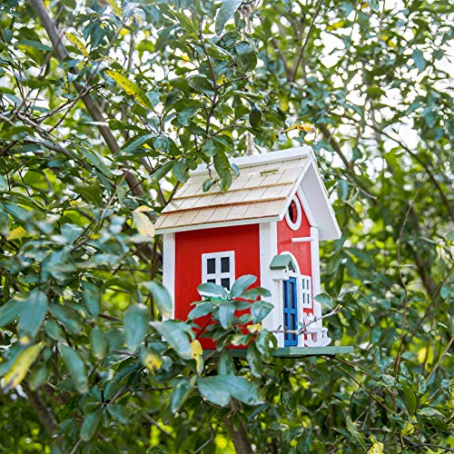 MEWANG Rustic Wooden Bird House for Outside - Hanging Colorful Bird Feeder Cottage, Unique Garden Decor Gift for Hummingbirds, Bluebirds & Wild Birds - color: Red