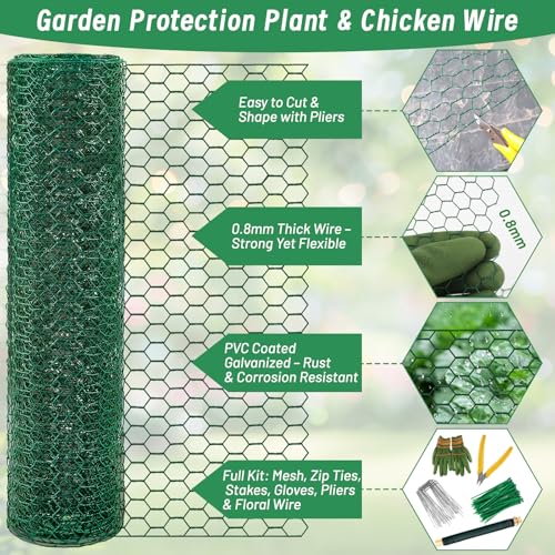 Plant Protectors from Animals, 16.4 x 16In Green PVC Coated Galvanized Chicken Wire Mesh Roll, 0.8mm Free-Cut Plant Cage with Ties, Stakes, Gloves, Pliers & Floral Wire (33Ft*20In) - size: 33Ft*20In