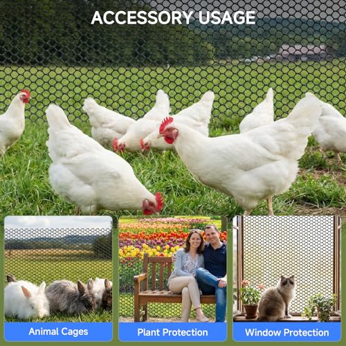 16 INx50 FT Plastic Chicken Wire Mesh Poultry Netting Garden Fence Black | Plastic Chicken Wire Fencing Roll with Ground Stakes & Nylon Ties - Pet Cat Balcony Protection & Outdoor Chicken Coop Barrier