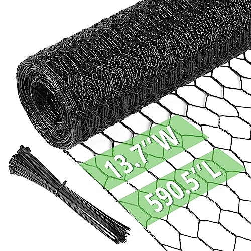 Chicken Wire 13.7 in x 590.5 in Poultry Wire Netting Hexagonal Galvanized Mesh Garden Fence Barrier for Pet Rabbit Chicken Fencing with 100 Pcs Cable Zip Ties(PVC-Coated) - color: Black, size: 13.7"x590.5"+100Ties