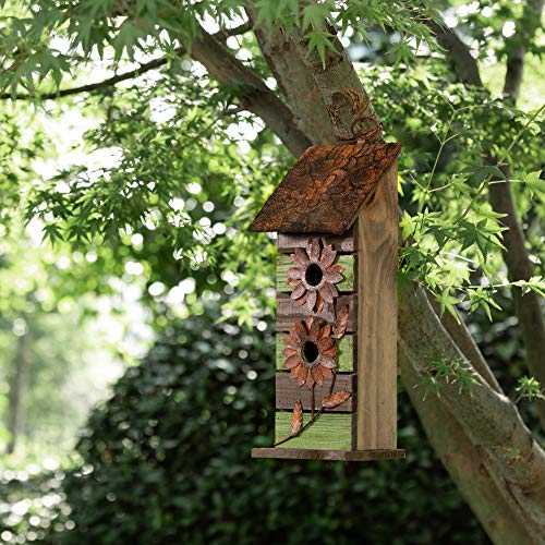 Glitzhome 14.5" H Wooden Bird House Hanging Two-Tiered Distressed with Flowers Decorative Garden Birdhouse,Green - color: 14.45"H