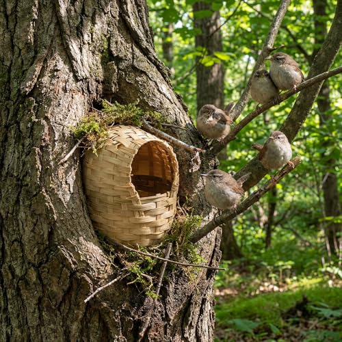 Sliner 8 Pcs Bamboo Bird Nest, Hand Woven Finch Nest for Cages, Natural Small Bird House Shelter Hideout Cage with Metal Hook, Hanging Hut Nesting Box Garden Yard Home Decor for Outdoor(5.9 Inch) - size: 5.9 Inch