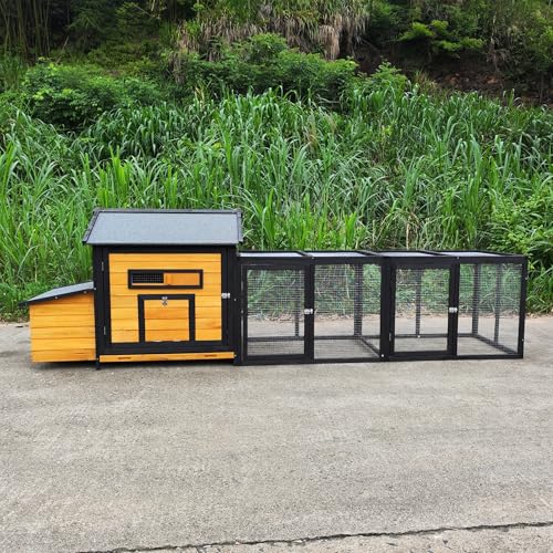 YOPTO Wooden Chicken Coop, 114 in, Outdoor Run, Black/Gold | Solid wood, Weatherproof roof, Outdoor run, Nesting box, Pull-out tray, 6 access doors, Ramp - size: 114.0"L x 25.4"W x 33.9"H