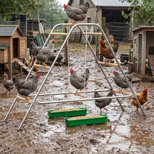 Wooden Chicken Roosting Bars with Swing & 2 Feeders | Chicken Perch Stand Coop Accessories for Outdoor Chicken Playground, Exercise Toy for Backyard Poultry Farm, Easy Assembly