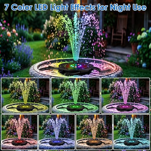 Solar Fountain with LED Lights, Solar Bird Bath Powerd Fountain Works in Cloudy & 2000mAh Battery Backup, 4 Fixed Rods, 7 Nozzles, Outdoor Water Fountain for Brid Bath, Garden, Pool, Pond