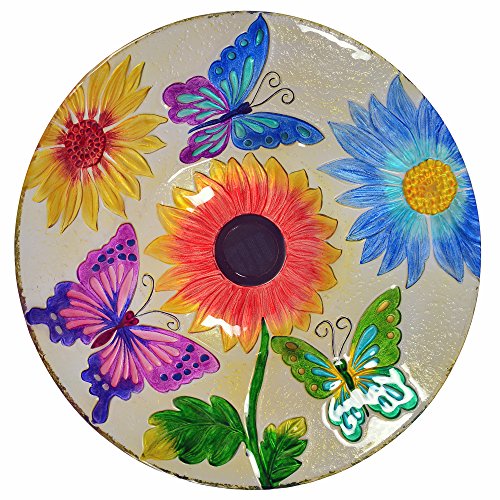 Teamson Home Handpainted Butterfly Fusion Glass Solar Birdbath Bowl Feeder with LED Light for Outdoor Patio Garden Backyard Decking, 21 Inch Height, Yellow | Bowl Feeder with LED Light, Outdoor Patio Garden Backyard Decking, 21 Inch Height - color: Butter
