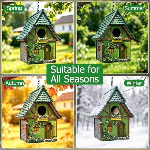 Resin Green House Hanging Bird House for Outside, Hand-Painted Resin Birdhouse with Flower & Vine Details, Weatherback Bird Hut for Garden, Patio, Tree Decor, Bird Nest for Small Wild Birds