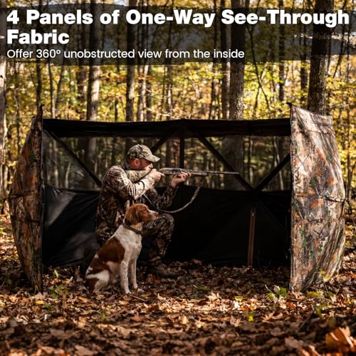 Tangkula 4-Panel Hunting Blind with Dog Door, 1-3 Person Pop-Up 3-Sided 360° See Through Ground Blind with Resilient Oxford Fabric, 4 Silent Windows, Carrying Bag for Deer & Turkey Hunting
