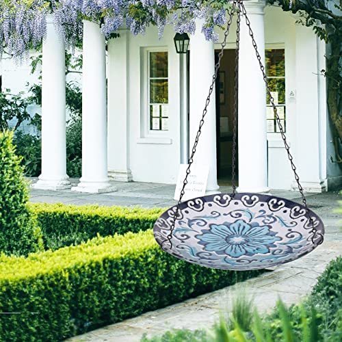 Hanging Bird Bath Outdoor Glass Flower Birdfeeders Garden Yard Decor | 12 Inch Hanging Bird Bath for Outside, Flower Glass Bird Water Bowl Bird Feeder for Garden, Lawn and Yard Decor - color: blue and white porcelain