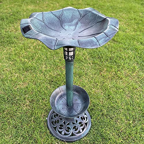 Westcharm 30 Inch Solar Powered LED Lighted Birdbath with Planter Bowl for Outdoors Yard Outside Outdoor Garden Decoration Pedestal Base Stand - Verdigris Green Polyresin Solar Bird Bath with Planter - color: Green, size: 30 Inch Tall