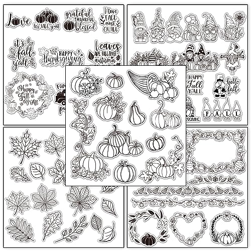 Whaline 5 Sheet Fall Thanksgiving Clear Stamps Autumn Leaves Pumpkin Gnome Silicone Transparent Stamps Happy Fall Border Stamp Cards for DIY Craft Card Making Scrapbooking Embossing Album Decor - style: Fall Thanksgiving