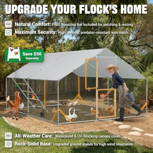 ACEPIC 10x13x6.5ft Metal Chicken Coop with Roosting Perch & Security Lock | Walk-in Poultry Cage with Waterproof & UV Resistant PE Top, Predator-Proof Hen Run - size: 118.11"L x 157.48"W x 78.74"H
