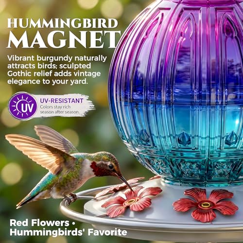 Glass Hummingbird Feeder for Outdoors Hanging, 26 fl oz Bird Nectar Feeder | 5 Metal Flower Feeding Ports, 360° Perch Ring, Easy Refill Clean, Leakproof, Ideal for Backyard Garden Decor, Purple & Blue - color: Purple-Blue Gradient